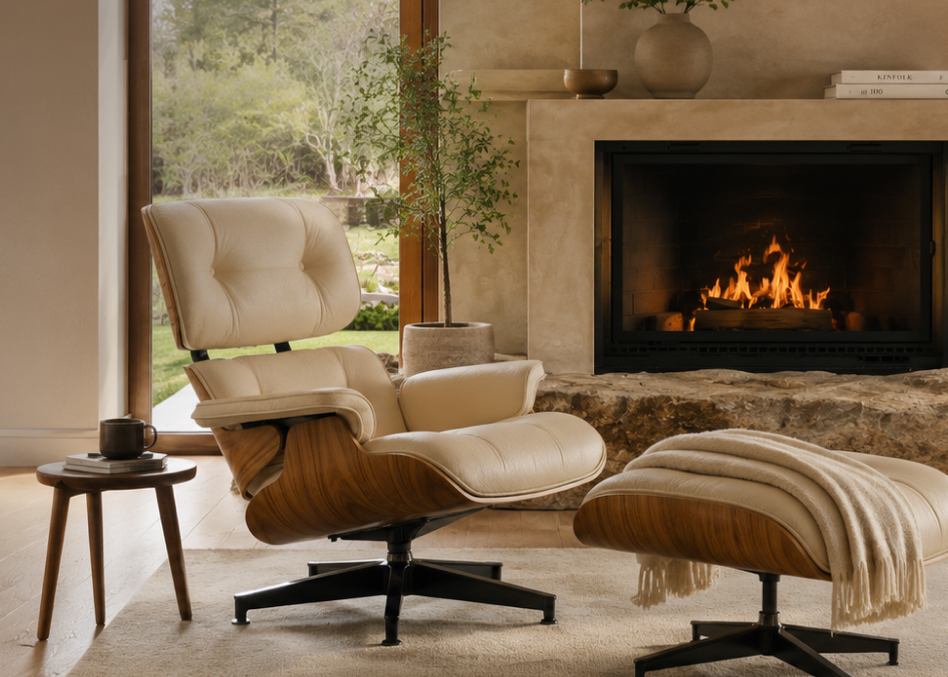 Cream lounge chair and ottoman beside a lit fireplace