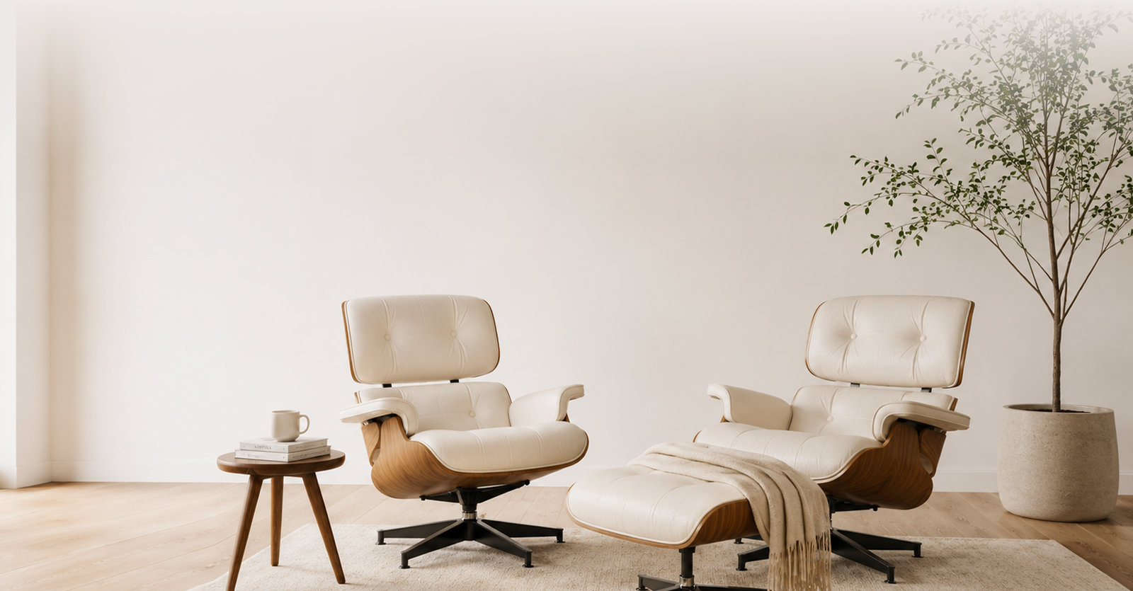 Cream leather lounge chairs and ottoman in a bright modern living room